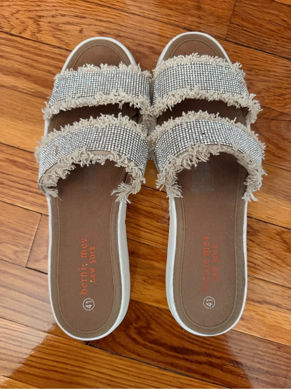 bernie mev. Beige Fringe Double-Strap Slide Sandals with Rhinestone Straps